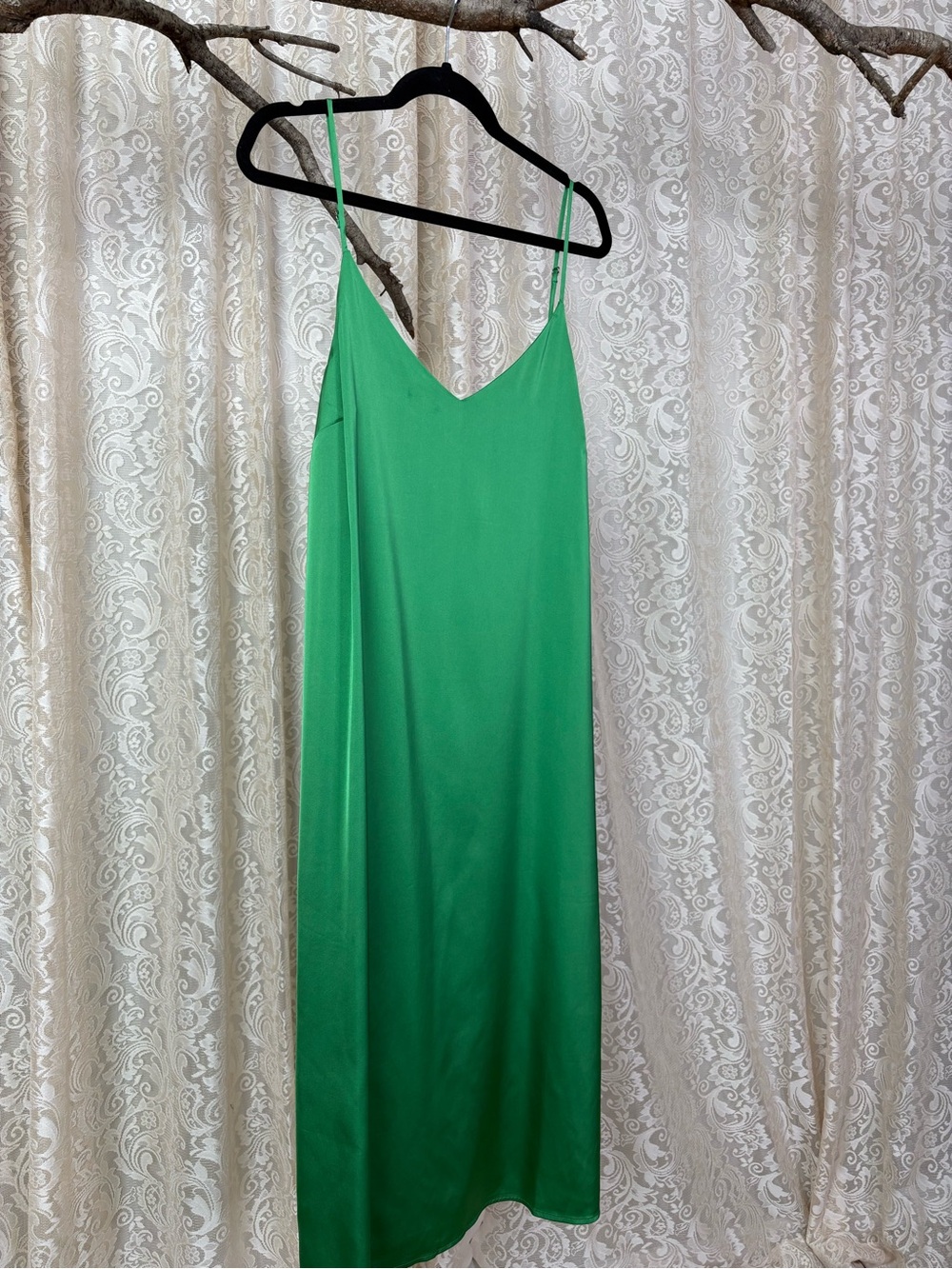 Green Slip Midi Dress with Spaghetti Straps Emerald